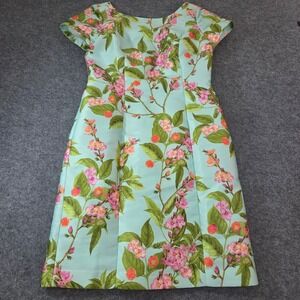 Talbots Floral Fit Flare Dress Women's 6 Aqua Blue Pink Botanical Cap Sleeve